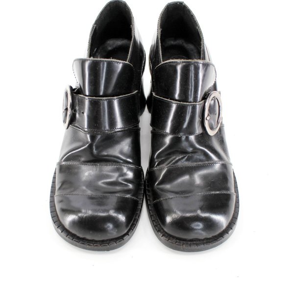 VTG 90s Black Leather Heeled Loafers Chunky Buckle Strap Shoes Italy Size 6.5/7 - Picture 3 of 11
